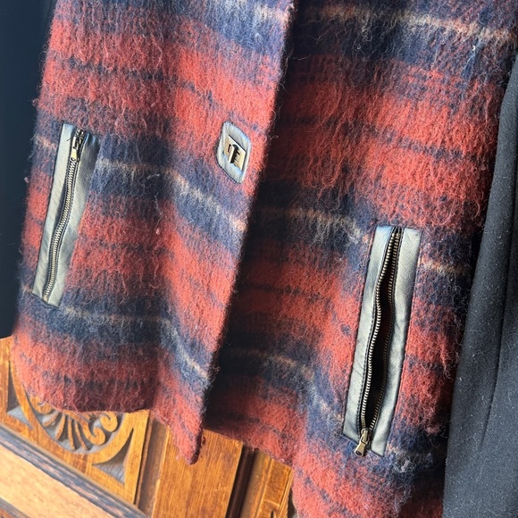 Anthropology Wool Blend Hooded Coat with Faux Fur Trim - Black & Red Plaid - Picture 3 of 6